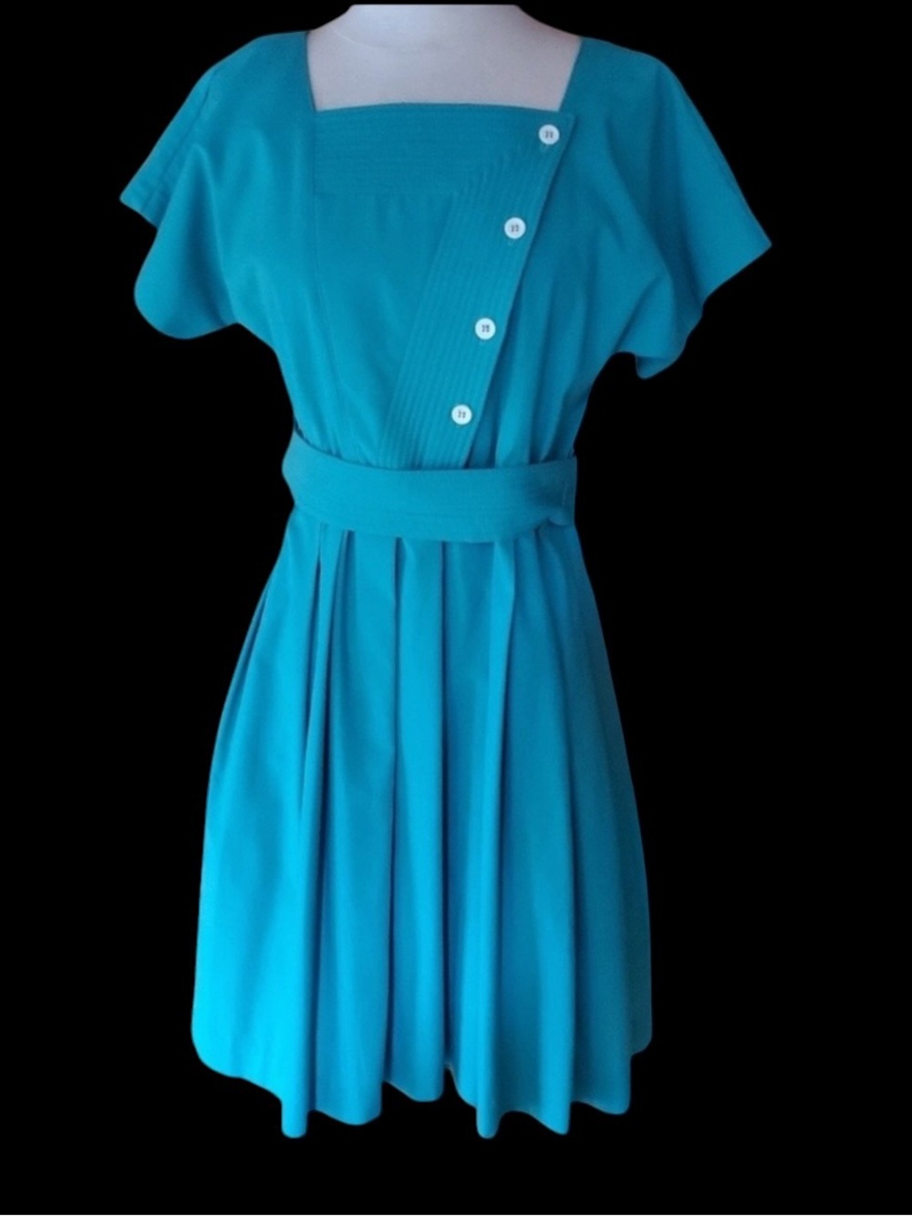 1980s California Girl by Petrina Aberle‎ Teal Pleated Fit & Flare Day Dress